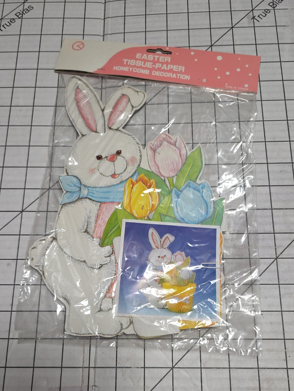 Easter Bunny W Tulips In Pot Honeycomb Decoration VTG 7.5"W X 11.5"T